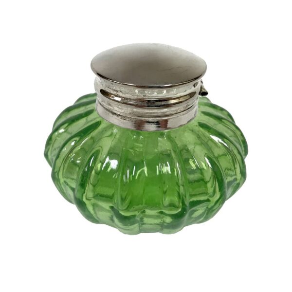 3" Light Green Swirl Glass Inkwell w/ Nickel Plated Lid