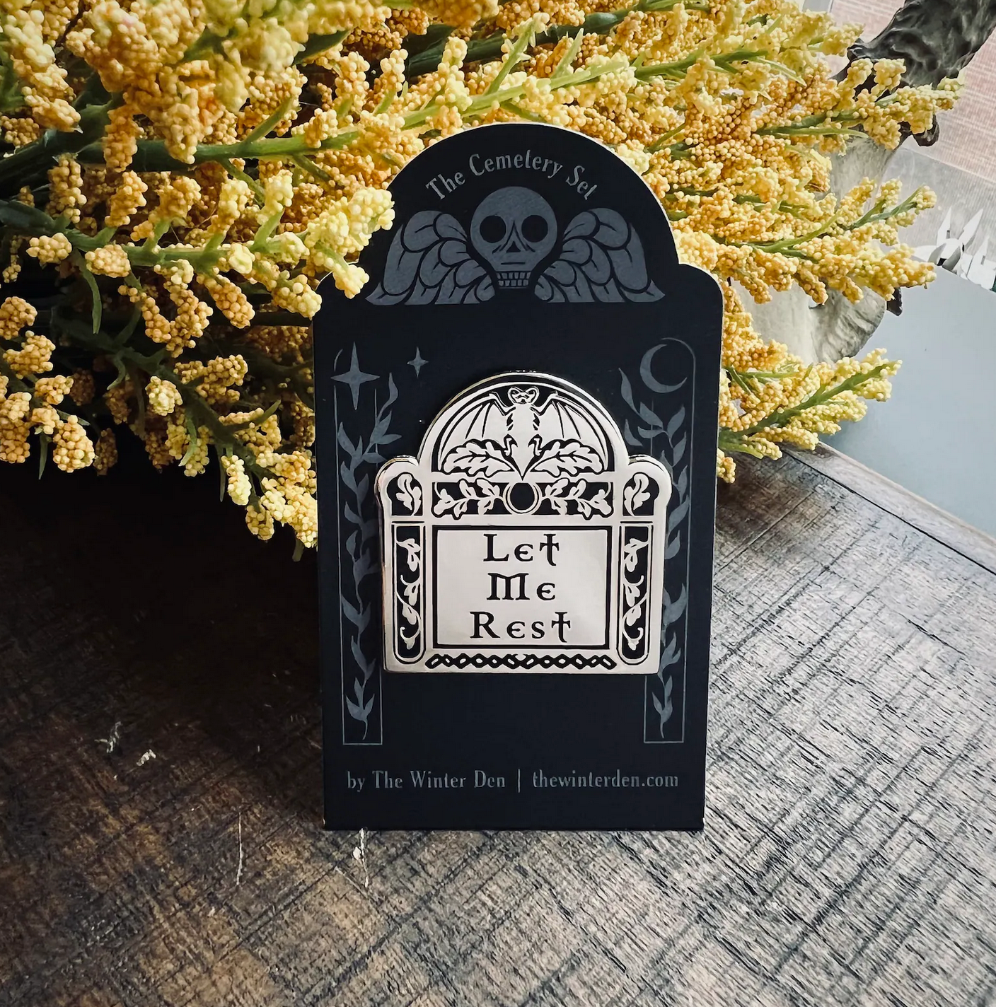Let Me Rest silver enamel gravestone pin Let Me Rest silver enamel gravestone pin
