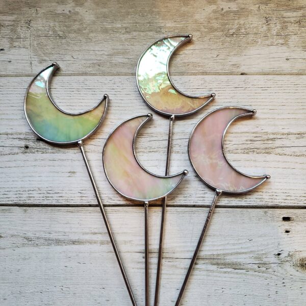 Cream Iridescent Stained Glass Moon Planter Stakes