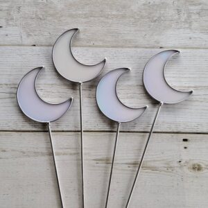 White Iridescent Stained Glass Moon Planter Stakes