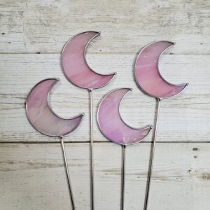 Pink Iridescent Stained Glass Moon Planter Stakes x4