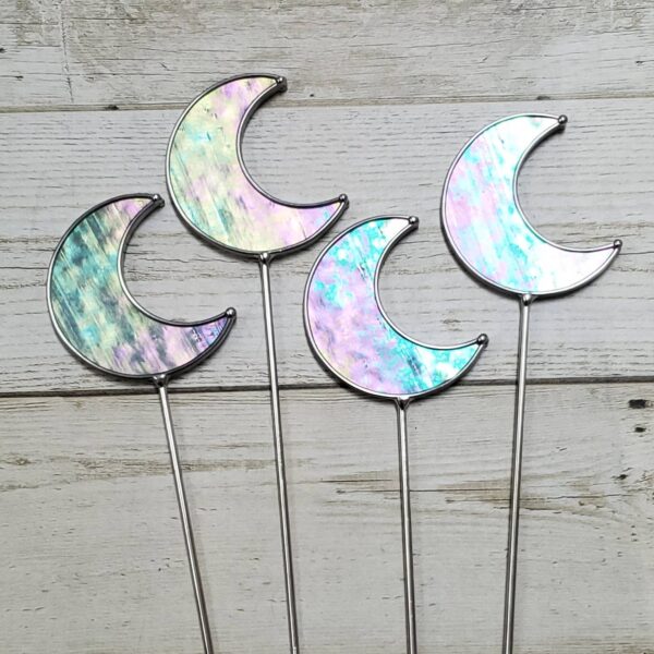 Teal Iridescent Stained Glass Moon Planter Stakes