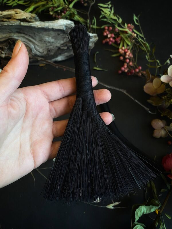 Black Altar Brooms - 6- 7” Tampico: Black w/ Black Cord - Turkey Tail (Asymmetrical)