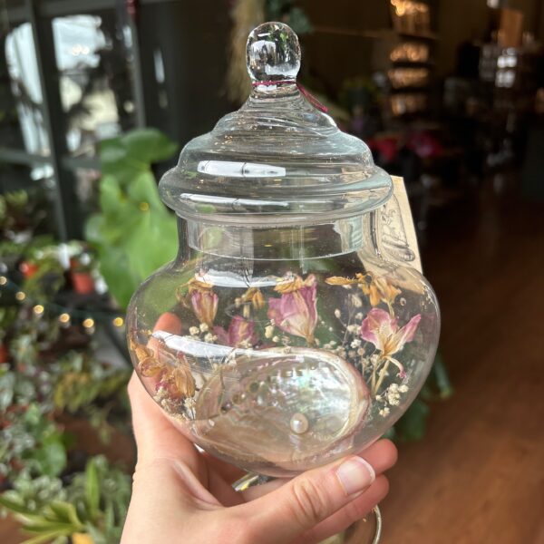9.5" Apothecary Jar w/abalone, pearl & florals