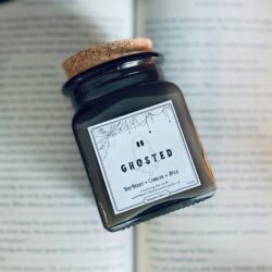 ghosted apothecary natural halloween candle: blue grey apothecary jar w/ cork lid (9.0z)