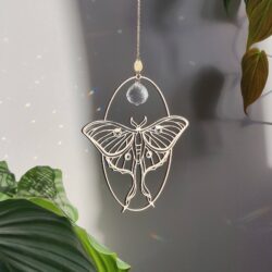 luna moth suncatcher made of wood, brass and glass crystal